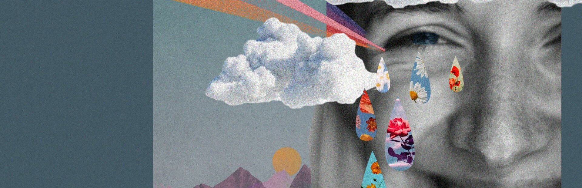 Collage: Berge, Regenbogen, Frau - Gesicht, Tropfen, Wolken
